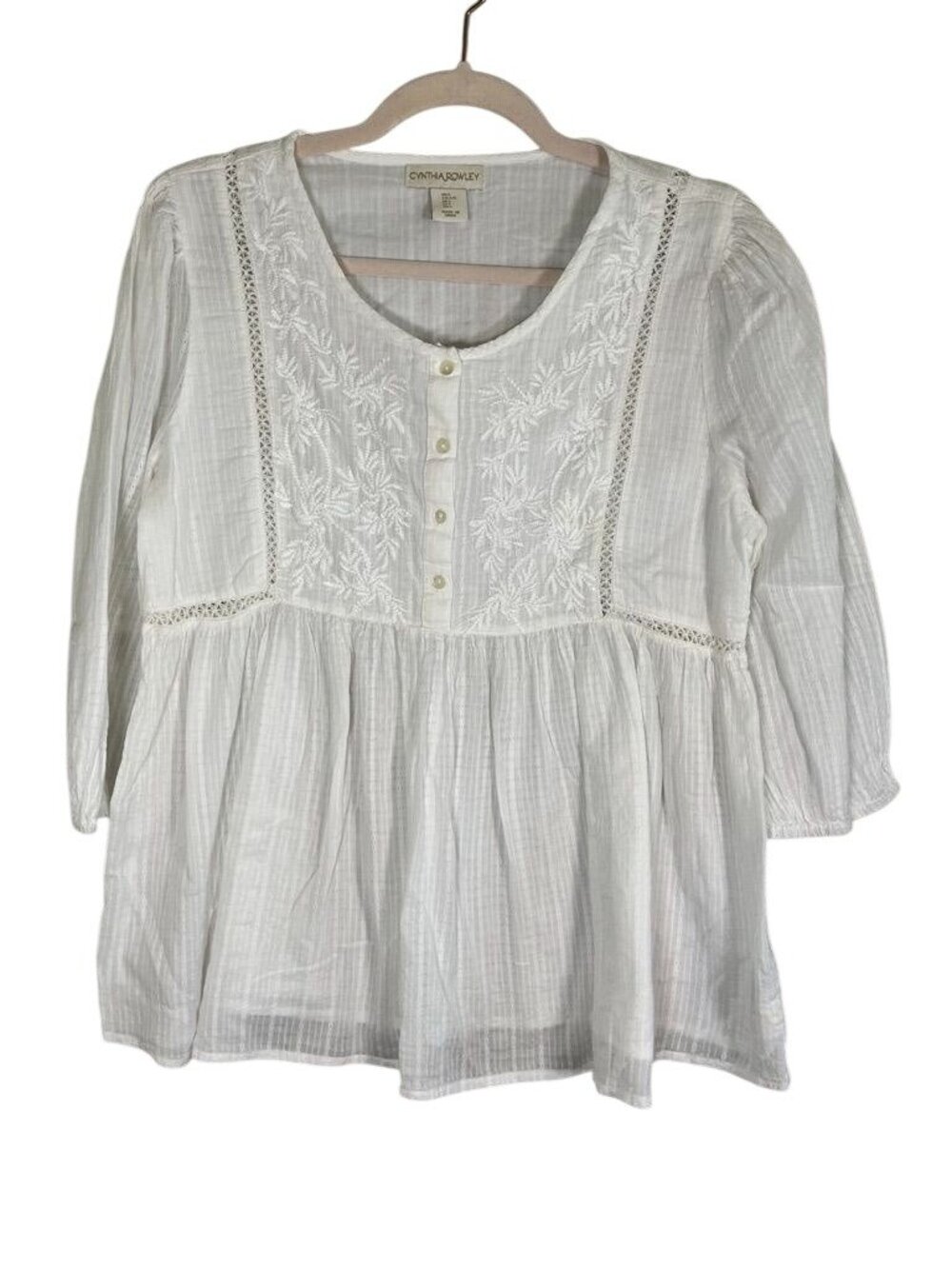 Neutral Floral Eyelet Peplum Top L Boho Indie Folk Peasant Festival Dainty Chic